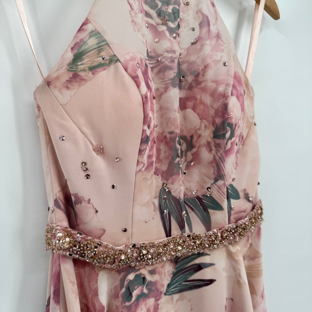 Morilee Prom Dress Pink Floral Beaded Halter Open Back Gown Size 4 99038 - Picture 3 of 16